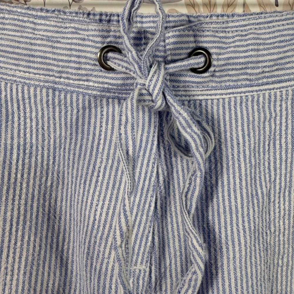 Per Se Womens Blue White Striped Linen‎ Blend Drawstring Shorts Cuffed Hem